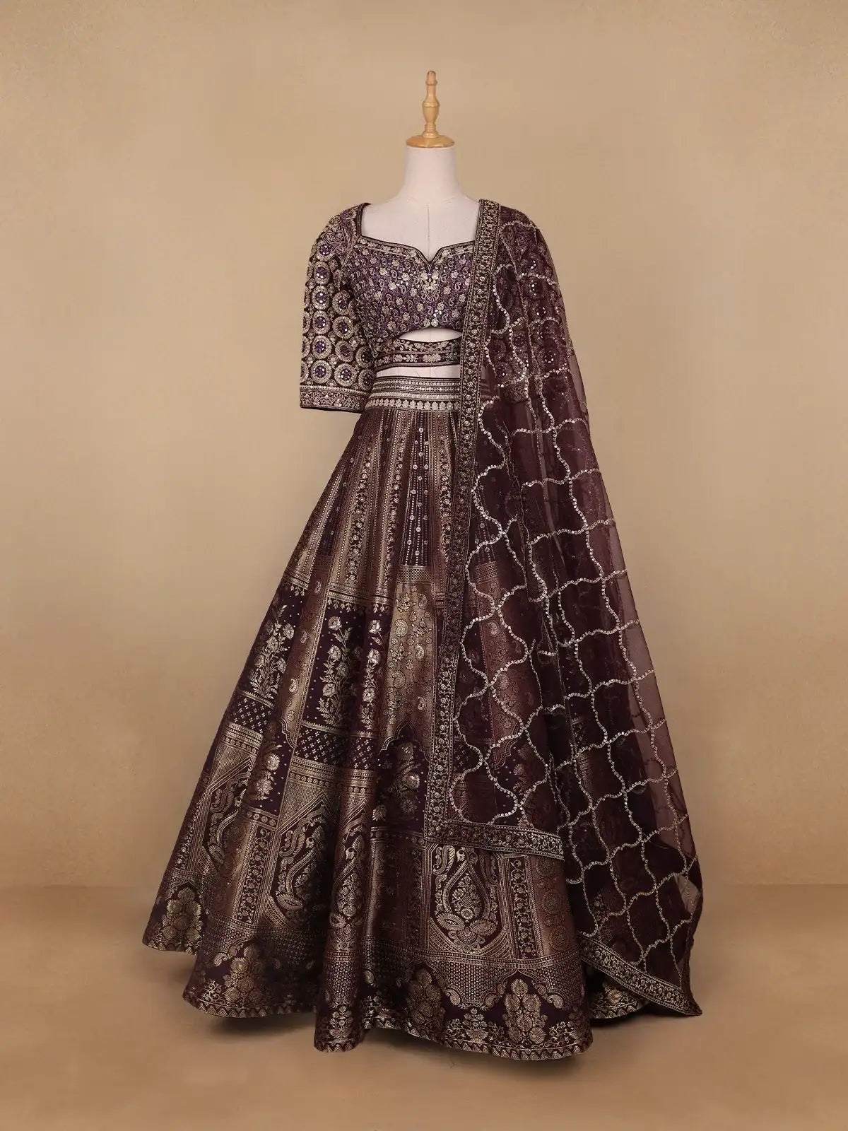 Dark Red Floral Embroidered Semi Silk Lehenga for Brides - Diadem