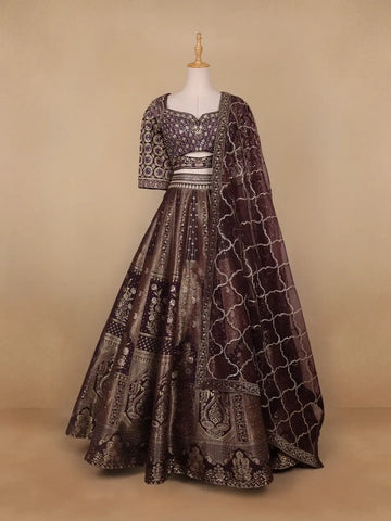 Dark Red Floral Embroidered Semi Silk Lehenga for Brides - Diadem