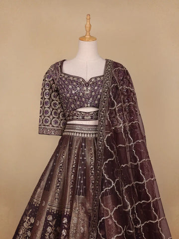 Dark Red Floral Embroidered Semi Silk Lehenga for Brides - Diadem
