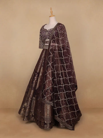 Dark Red Floral Embroidered Semi Silk Lehenga for Brides - Diadem