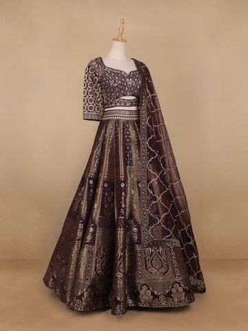 Dark Red Floral Embroidered Semi Silk Lehenga for Brides - Diadem
