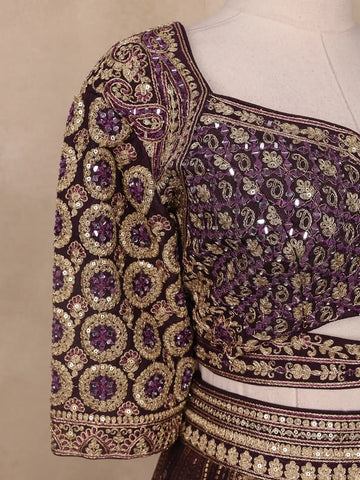 Dark Red Floral Embroidered Semi Silk Lehenga for Brides - Diadem