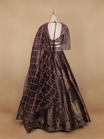 Dark Red Floral Embroidered Semi Silk Lehenga for Brides - Diadem