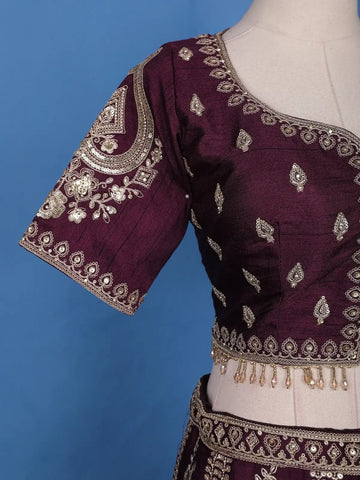 Dark Red Floral Embroidery Bridesmaid Raw Silk Lehenga - Diadem