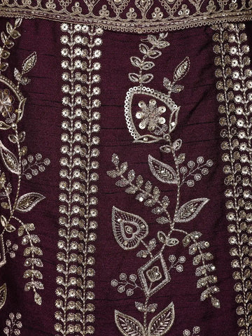 Dark Red Floral Embroidery Bridesmaid Raw Silk Lehenga - Diadem