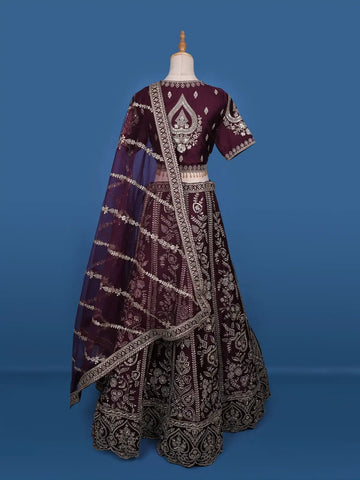 Dark Red Floral Embroidery Bridesmaid Raw Silk Lehenga - Diadem