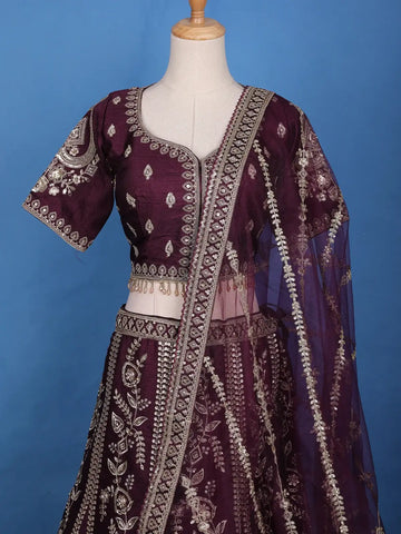 Dark Red Floral Embroidery Bridesmaid Raw Silk Lehenga - Diadem