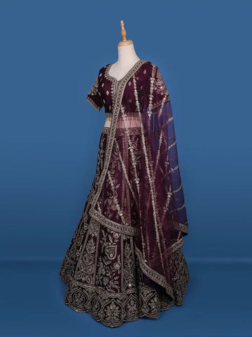 Dark Red Floral Embroidery Bridesmaid Raw Silk Lehenga - Diadem