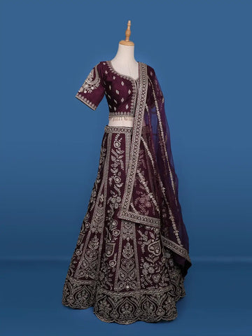 Dark Red Floral Embroidery Bridesmaid Raw Silk Lehenga - Diadem