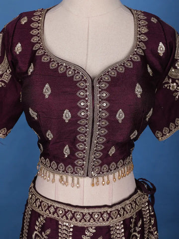 Dark Red Floral Embroidery Bridesmaid Raw Silk Lehenga - Diadem