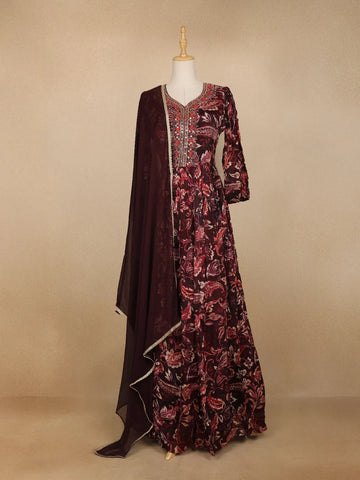 Dark Red Floral Printed Crepe Gown - Diadem