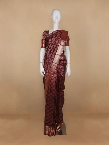 Dark Red Floral Woven Pure Kanchipuram Silk Saree - Diadem