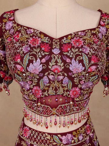 Dark Red Georgette Floral Designed Bridal Lehenga - Diadem