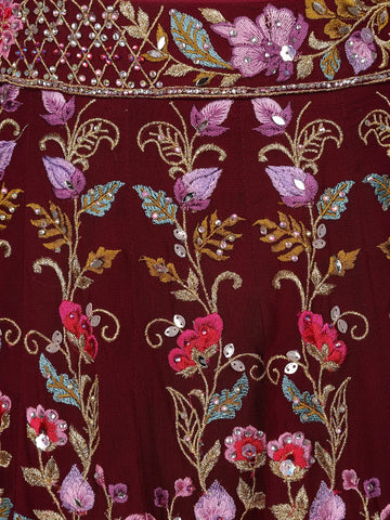 Dark Red Georgette Floral Designed Bridal Lehenga - Diadem
