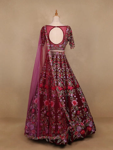 Dark Red Georgette Floral Designed Bridal Lehenga - Diadem