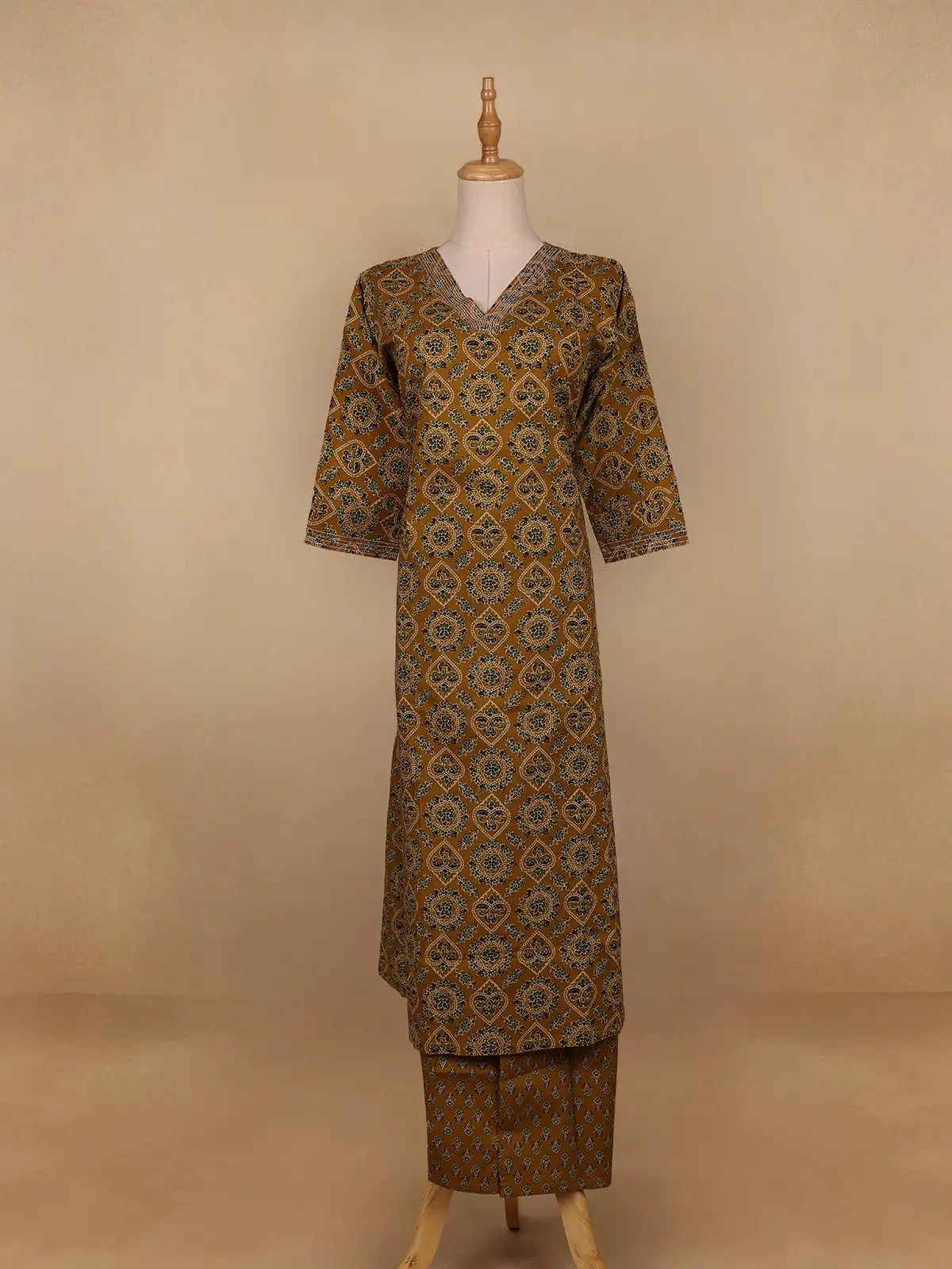 Dark Yellow Floral Designed Cotton Salwar Suit - Diadem