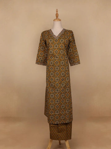 Dark Yellow Floral Designed Cotton Salwar Suit - Diadem