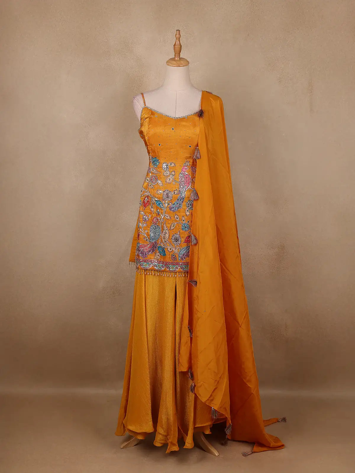 Dark Yellow Floral Embroidery Organza Palazzo Salwar Suit - Diadem