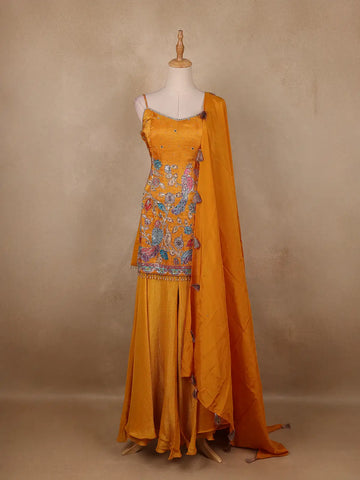 Dark Yellow Floral Embroidery Organza Palazzo Salwar Suit - Diadem