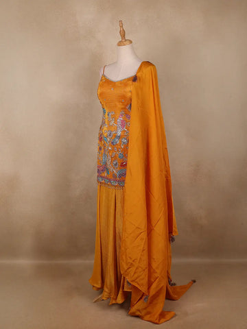Dark Yellow Floral Embroidery Organza Palazzo Salwar Suit - Diadem