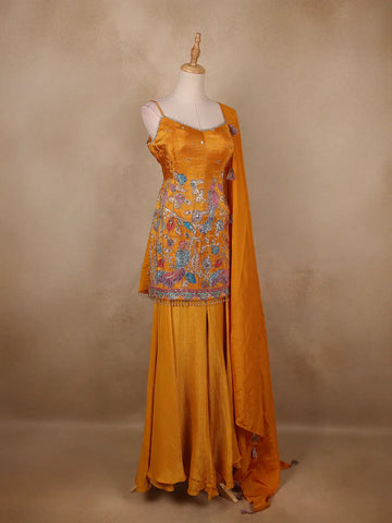 Dark Yellow Floral Embroidery Organza Palazzo Salwar Suit - Diadem