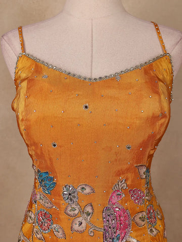 Dark Yellow Floral Embroidery Organza Palazzo Salwar Suit - Diadem