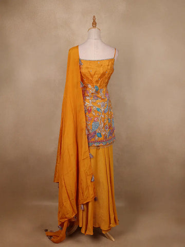 Dark Yellow Floral Embroidery Organza Palazzo Salwar Suit - Diadem