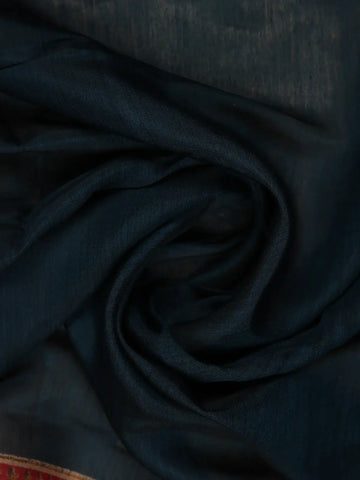 Deep Blue Solid Design Floral Motif Border Cotton Saree - Diadem