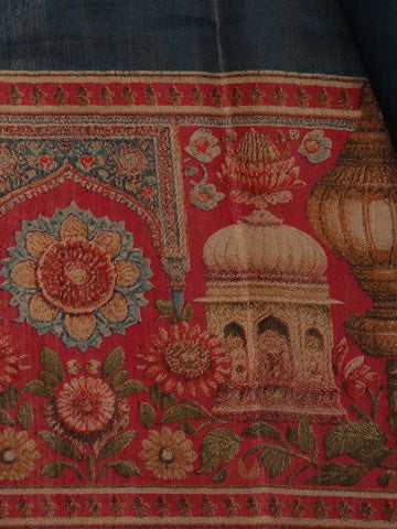 Deep Blue Solid Design Floral Motif Border Cotton Saree - Diadem