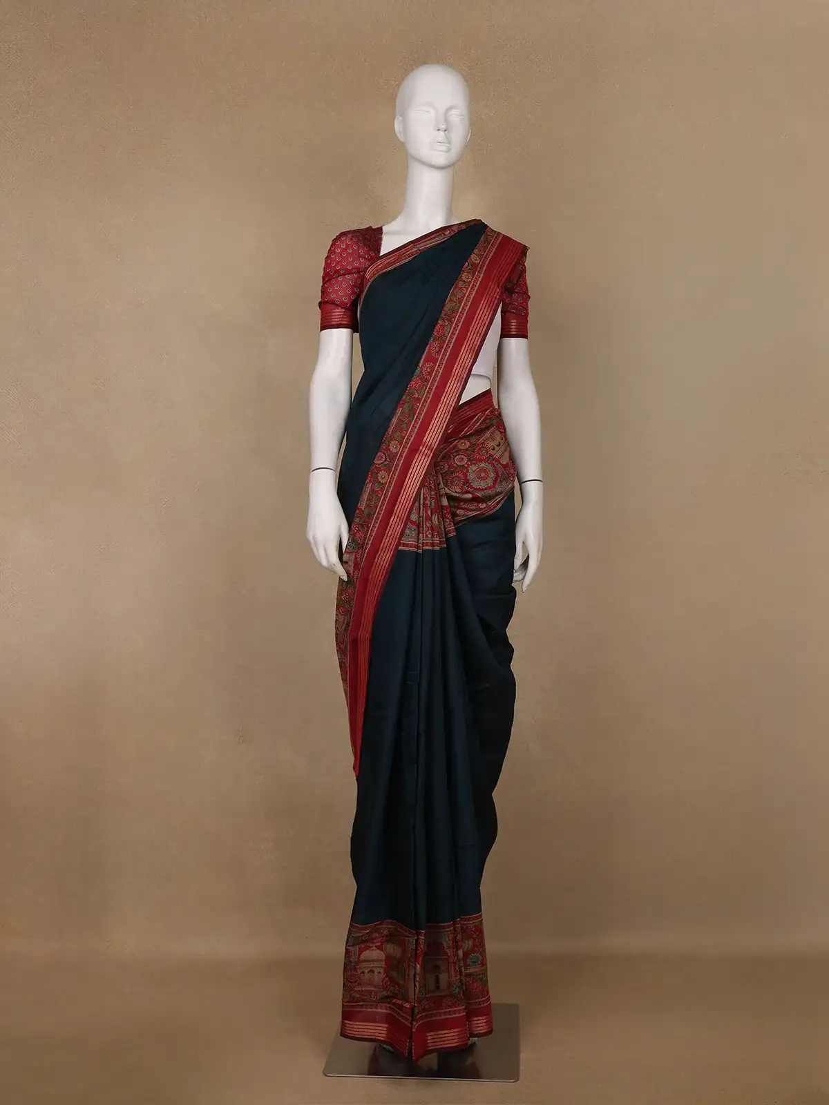 Deep Blue Solid Design Floral Motif Border Cotton Saree - Diadem