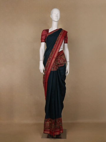 Deep Blue Solid Design Floral Motif Border Cotton Saree - Diadem