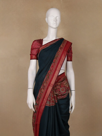 Deep Blue Solid Design Floral Motif Border Cotton Saree - Diadem