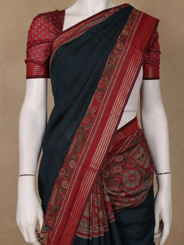 Deep Blue Solid Design Floral Motif Border Cotton Saree - Diadem