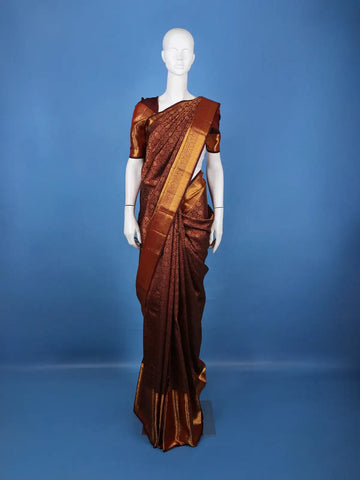 Deep Brown Floral Design Woven Pure Kanchipuram Silk Saree - Diadem