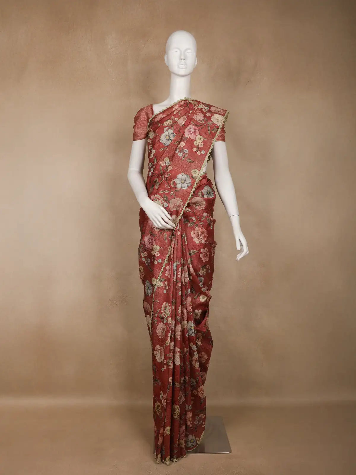 Deep Coral Floral Printed Tussar Silk Saree - Diadem