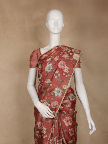 Deep Coral Floral Printed Tussar Silk Saree - Diadem