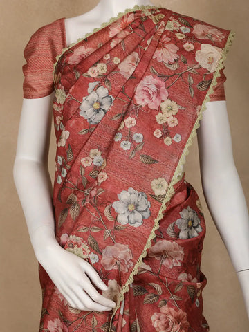 Deep Coral Floral Printed Tussar Silk Saree - Diadem