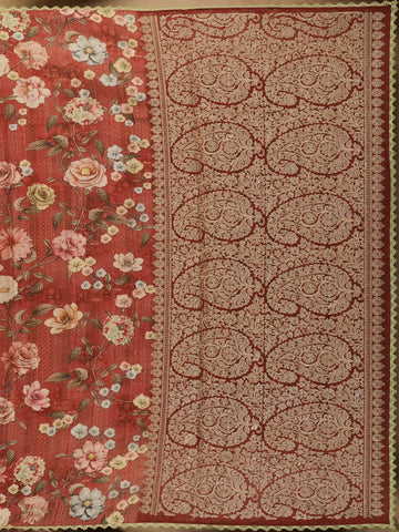 Deep Coral Floral Printed Tussar Silk Saree - Diadem