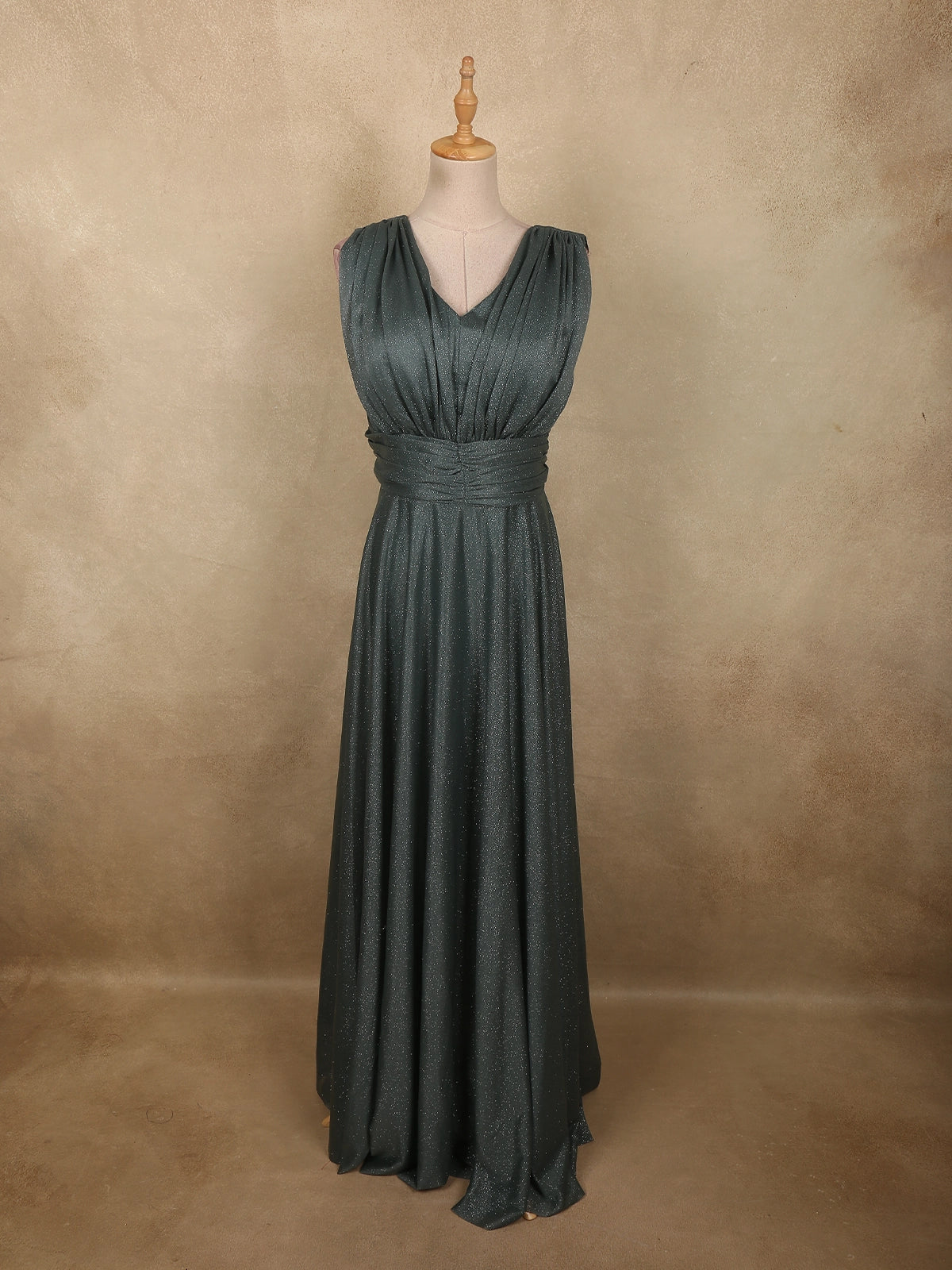 Deep Forest Teal Green Solid Design Shimmer Pleated Party Wear Gown | Diadem