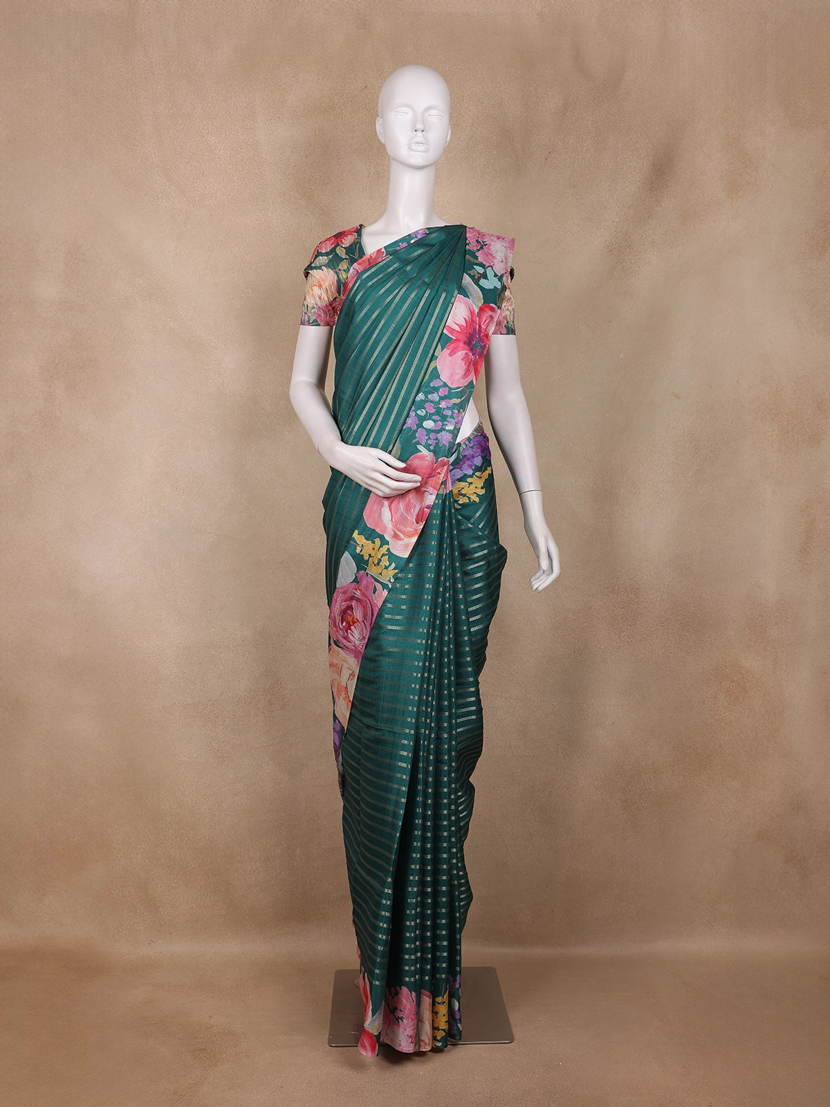 Deep Green Striped Design Semi Tussar Silk Saree