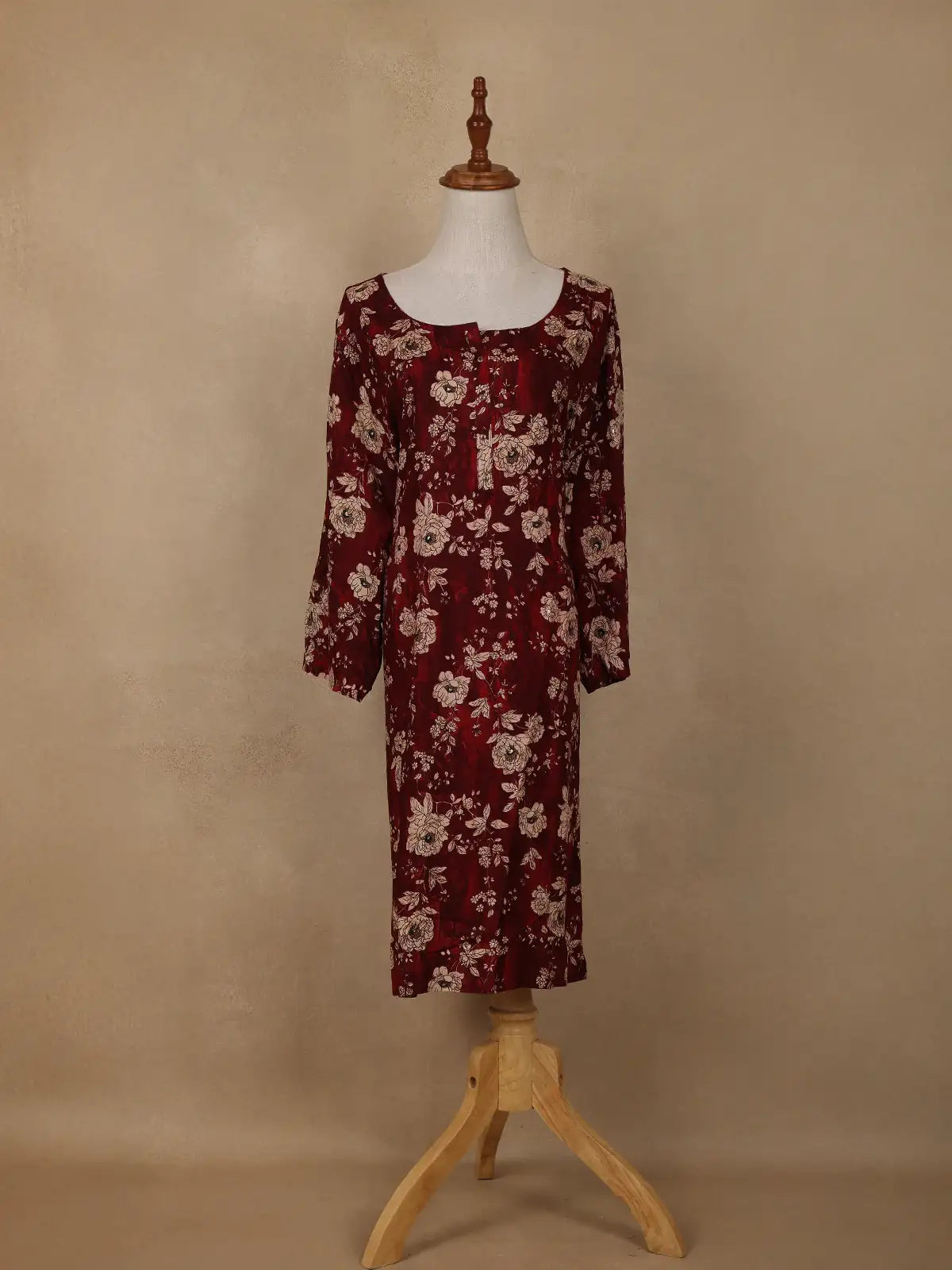 Deep Maroon Floral Design Printed Rayon Kuti - Diadem