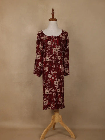 Deep Maroon Floral Design Printed Rayon Kuti - Diadem