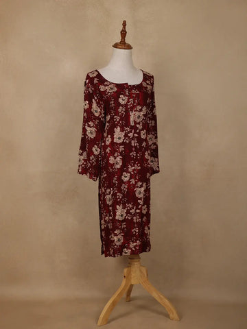 Deep Maroon Floral Design Printed Rayon Kuti - Diadem