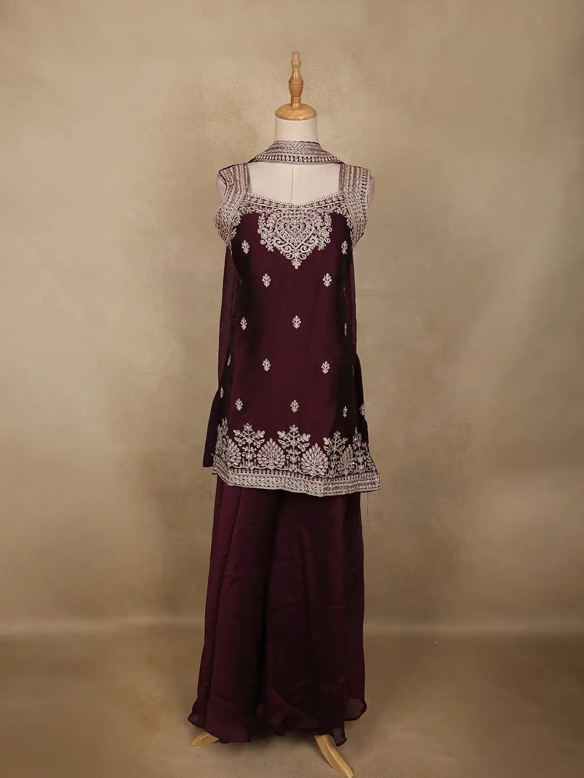 Deep Maroon Floral Embroidered Design Chiffon Palazzo Suit