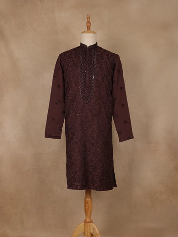 Deep Maroon Mirror Embroidered Floral Cotton Kurta for Men - Diadem