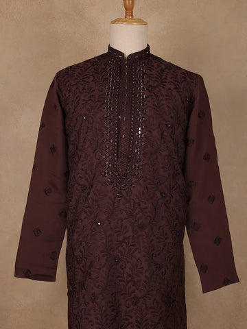 Deep Maroon Mirror Embroidered Floral Cotton Kurta for Men - Diadem