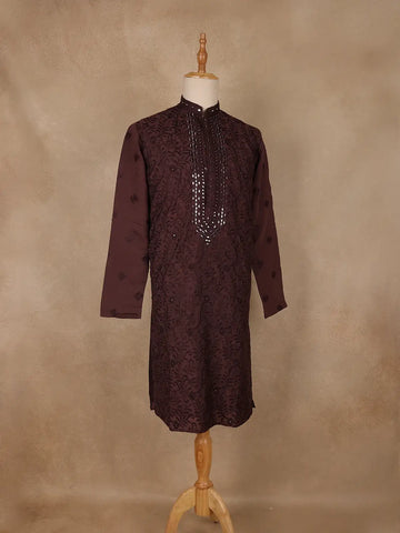 Deep Maroon Mirror Embroidered Floral Cotton Kurta for Men - Diadem