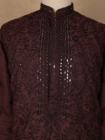 Deep Maroon Mirror Embroidered Floral Cotton Kurta for Men - Diadem