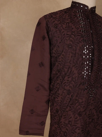 Deep Maroon Mirror Embroidered Floral Cotton Kurta for Men - Diadem