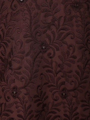 Deep Maroon Mirror Embroidered Floral Cotton Kurta for Men - Diadem
